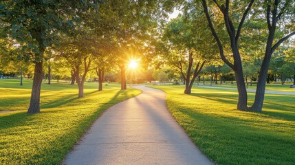 Obraz premium A winding path through a park bathed in the golden glow of the setting sun creating long shadows