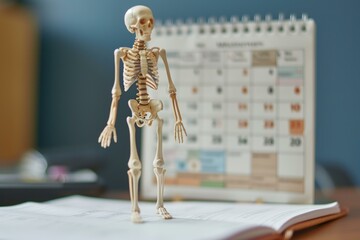 Anatomical skeleton model standing on a notebook in an office setting, symbolizing deadlines, appointments, and time management