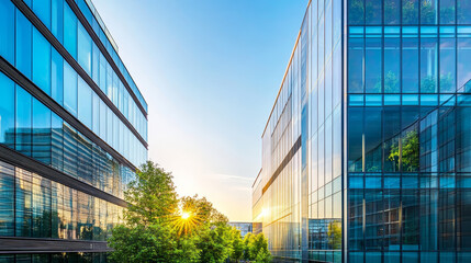 Fototapeta premium Set of futuristic eco buildings isolated on blue background. Vector contemporary cartoon illustration modern glass houses with green trees on roof. Smart sustainable city architecture design elements