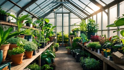 Vibrant Greenhouse Filled with Plants and Flowers