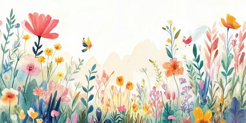 Watercolor Painting of a Vibrant Floral Meadow with Birds