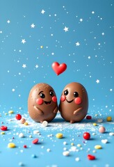 Obraz premium Cute Smiling Chocolate Sweets Couple Heart Love Blue Background Stars Sprinkles