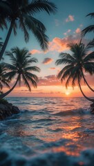 Tropical Sunset with Palm Trees Over Ocean