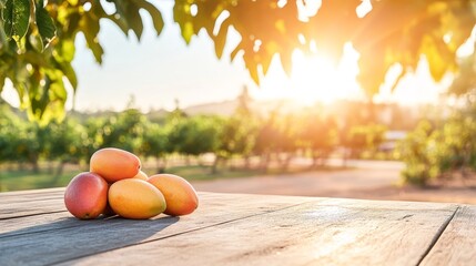 fresh mangoes on wooden table with a mango tree farm in sunlight