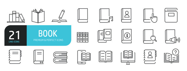 Set of line icons related to book, reading, mag, library. Outline icons collection. Editable stroke. Vector illustration.