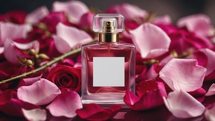 Elegant perfume bottle with rose petals in pink and red, ideal for luxury and beauty themes.