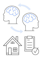 Two heads with arrows depicting communication or idea exchange, a house symbolizing homeownership, and a clipboard with a checklist and tick mark. Ideal for collaboration, real estate, planning