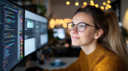 Late night coding session inspires female programmer in cozy workspace