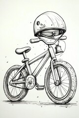 A black and white illustration of a bicycle with a helmet on the handlebars, a bell, and a kickstand.
