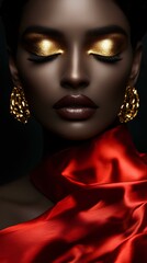 Mystical Woman in Gold and Red Silk: Luxury Fashion Art