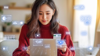 Artificial intelligence and fintech innovation, woman comfortably shopping online with a digital credit card