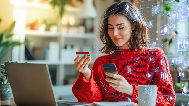 Artificial intelligence and fintech innovation, woman comfortably shopping online with a digital credit card