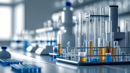 Soft blurred background of a medical laboratory with test tubes and equipment, perfect for overlaying research data