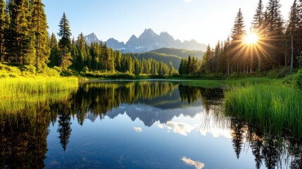 Serenity of dawn reflected in a tranquil mountain lake