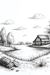A black and white illustration of a farm scene with a barn, pond, and trees.