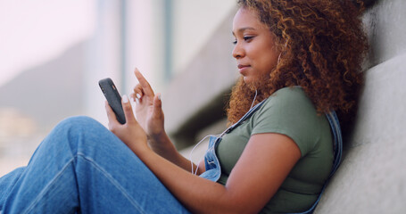 Phone, relax and woman in city scrolling online for celebrity news, update or review on mobile app....