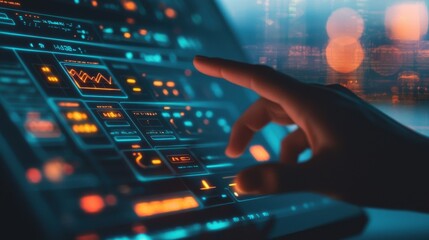 Hand Holographic bar stock Business Tablet Smart home concept. Futuristic Gesture Controlled Digital Workspace with Holographic Visualization