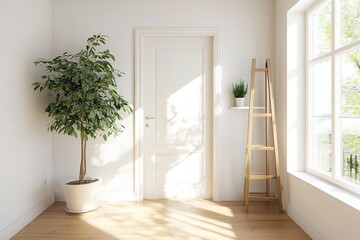 Fototapeta premium Bright and airy interior with a potted plant and ladder near a sunny window