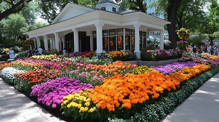 Obraz premium A white wooden chapel with a vibrant garden of roses and tulips in front