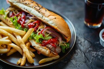 Tasty hot dog with meat, vegetables, french fries and ketchup served on a plate with a soft drink