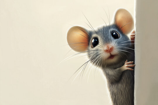 Curious mouse peeking around corner indoor home setting animal photography cozy environment close-up view whimsical concept