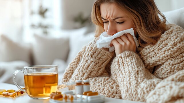 A young woman suffering from a cold, wrapped in a knitted beige sweater. Holds a tissue to her nose, visibly uncomfortable. Cold season, acute respiratory viral infections, flu, allergies and health