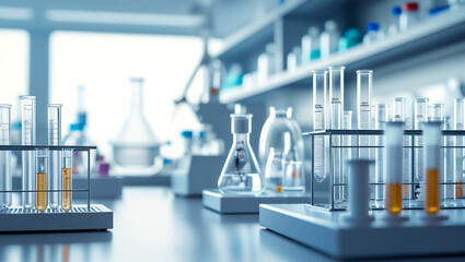 Soft blurred background of a medical laboratory with test tubes and equipment, perfect for overlaying research data