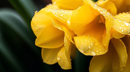 Fototapeta premium Dew-Kissed Yellow Tulips: A Macro Photography Masterpiece