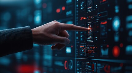 Hand Holographic bar stock Business Tablet Smart home concept. Sleek Digital Workspace with Professional Hand Interacting on Futuristic Interface