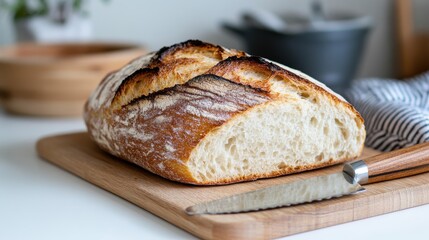 Freshly baked loaf of bread rests on a wooden cutting board