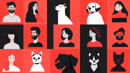 Set of different people and pets avatars square icons. Diverse men, women, girls, boys, cat, dog portraits. Characters various appearance ethnicity, Line art flat vector red, black, white illustration