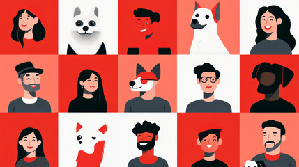 Set of different people and pets avatars square icons. Diverse men, women, girls, boys, cat, dog portraits. Characters various appearance ethnicity, Line art flat vector red, black, white illustration