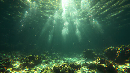 Fototapeta premium Underwater sunbeams illuminate ocean floor
