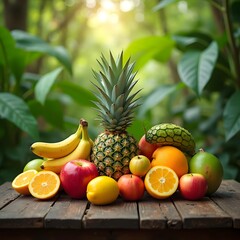 Tropical Fusion Vibrant Fruits on Wooden Table with Lush Green Foliage