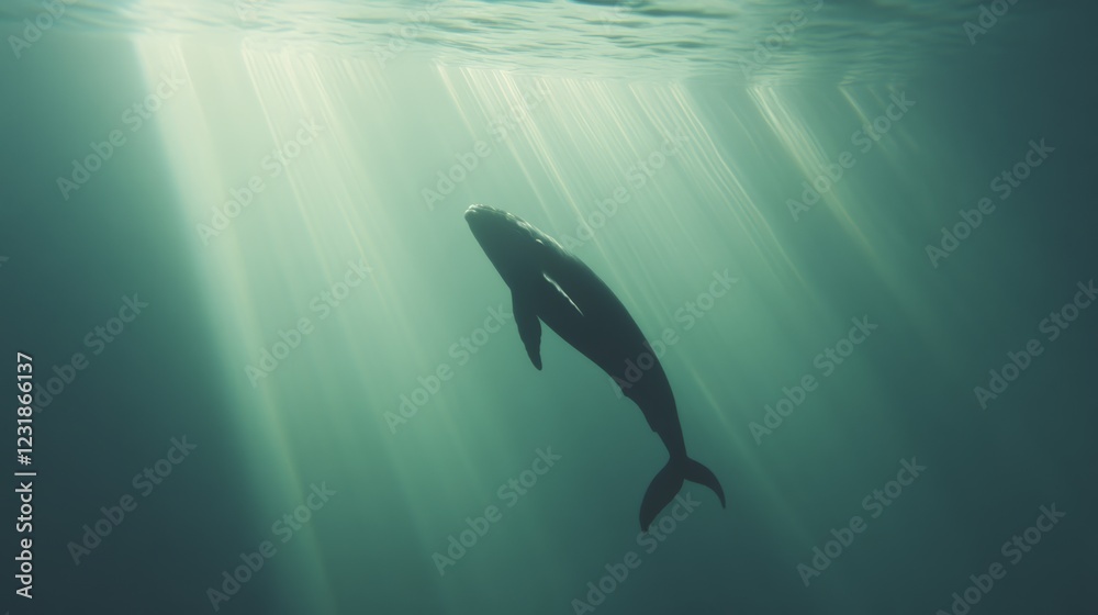 Poster majestic whale gracefully glides through the ocean's depths, bathed in ethereal sunbeams filtering f