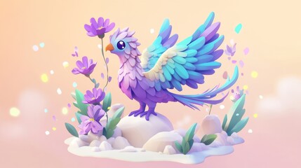 Obraz premium Pastel bird on rock, flowers, soft background; children's book illustration