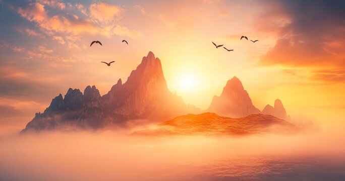 Majestic sunset over misty mountain peak.