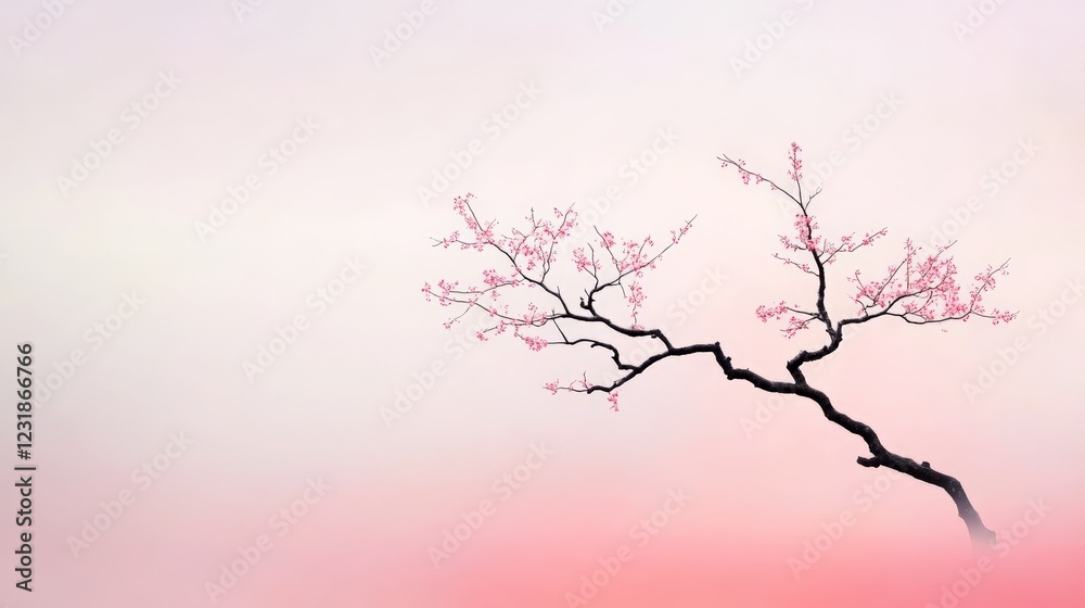 Poster cherry tree branch blooming with delicate pink flowers creating a serene and beautiful scene against