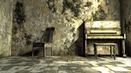 Abandoned Piano in a Decaying Room