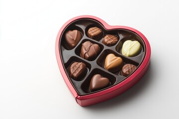 A cute cartoon-style heart-shaped box of chocolates, isolated on a white background with room for text.