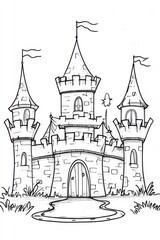 Obraz premium A black and white line drawing of a castle with three towers, a moat, and a drawbridge.