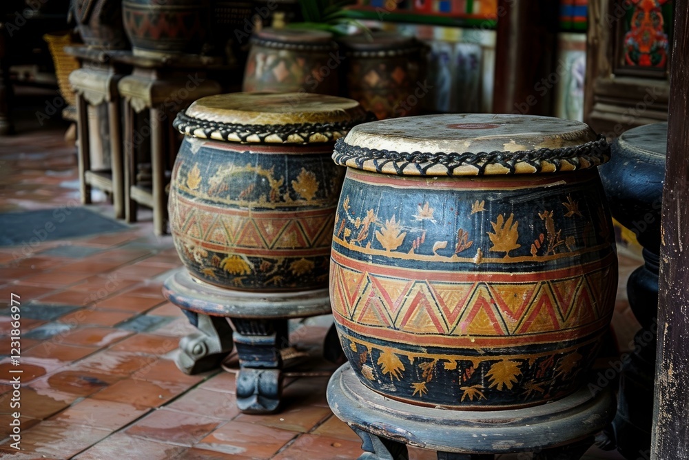 Wall mural Two decorated vietnamese drums sitting on wooden stands inside a temple, showcasing traditional craftsmanship