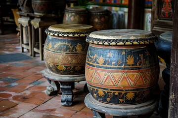 Two decorated vietnamese drums sitting on wooden stands inside a temple, showcasing traditional craftsmanship