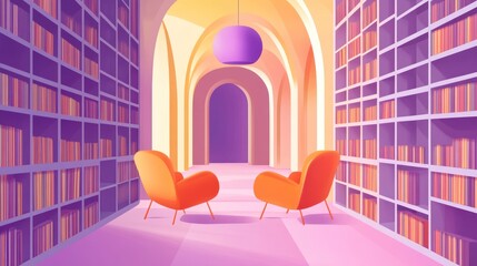 Fototapeta premium Serene library hallway, arched ceiling, bookshelves, armchairs, reading