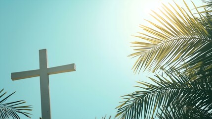 Palm Sunday cross silhouette with vibrant sun rays and palm leaves against a bright sky