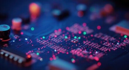 Fototapeta premium Close-up of a circuit board with colorful lights and intricate details