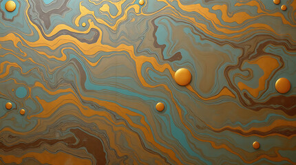 Abstract fluid art, swirling metallic gold and teal patterns, marbled texture, liquid flow, organic shapes, shimmering surface, high contrast, luxurious background, ethereal atmosphere, glossy finish,