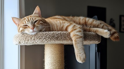 Relaxed ginger cat sleeping on a scratching post in soft natural light near a window