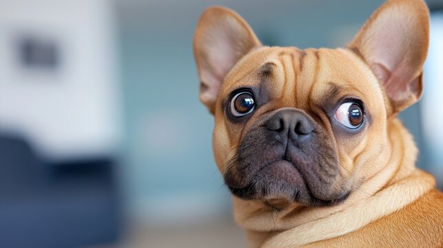 Confused dog shows playful side with funny expression in cozy home