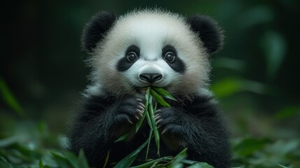 Obraz premium Panda cub munching on bamboo in lush greenery